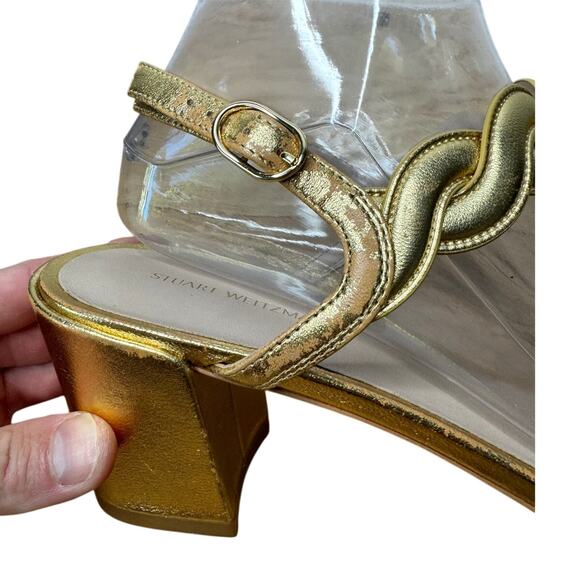 Stuart Weitzman Dancer Twistie Gold Metallic Braided Sandal Heel, Size 10.5 - Picture 6 of 9
